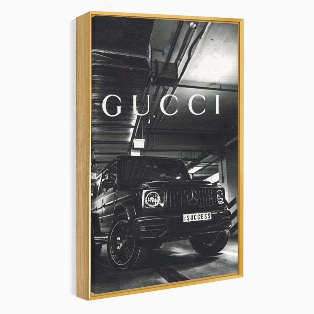 Tablou canvas cu tablou canvas cu masina si text, in rama de aluminiu auriu